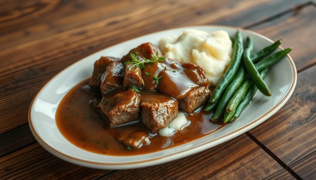 Cube steak and gravy plating