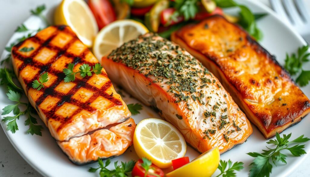 Grilled salmon, baked salmon, and pan-seared salmon