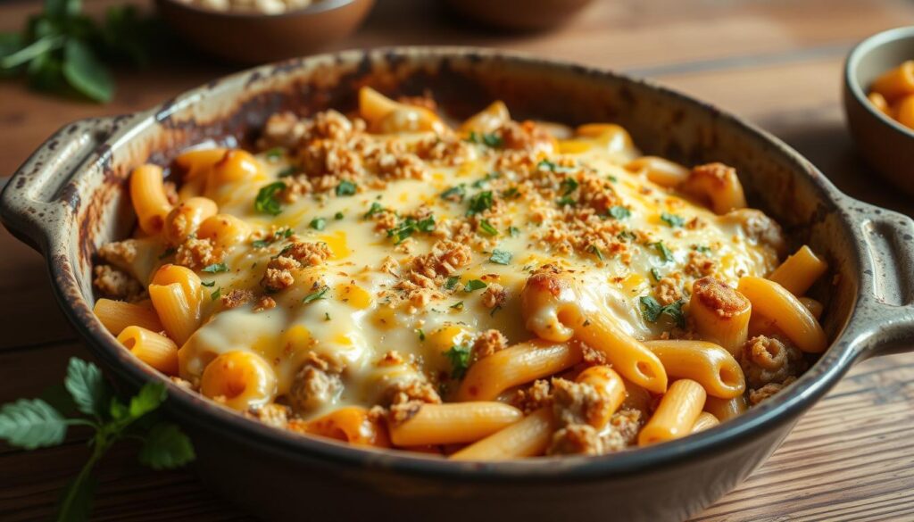 cheesy ground chicken pasta casserole