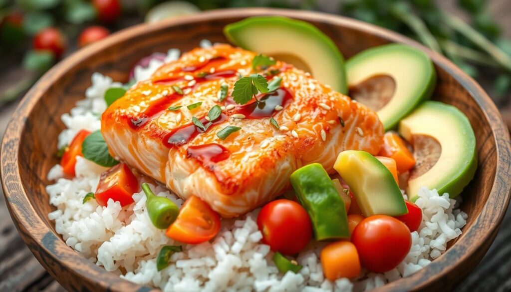 salmon veg and rice