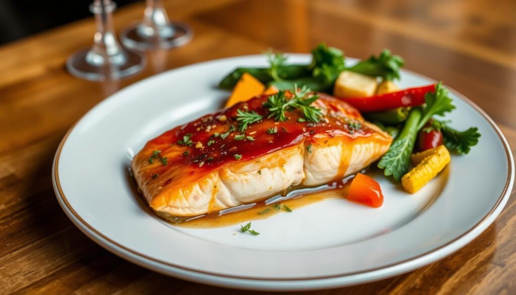 baked alaskan king salmon with honey garlic glaze