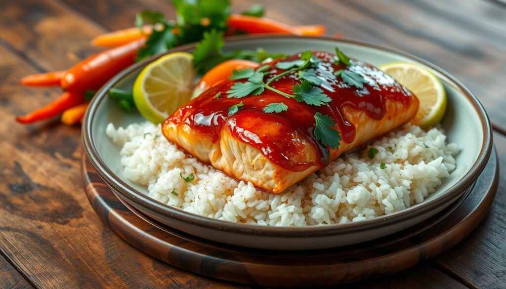 baked salmon dishes with coconut rice