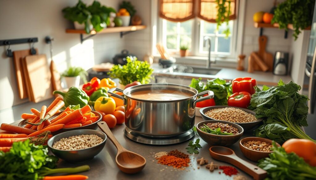 customizing soup with vegetables and grains