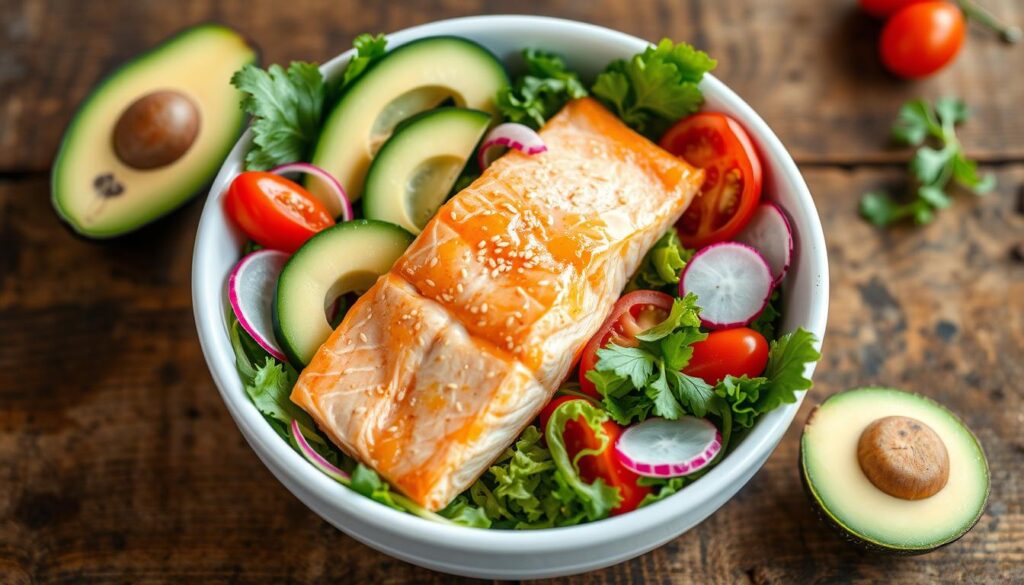 healthy salmon bowl recipe with accompaniments