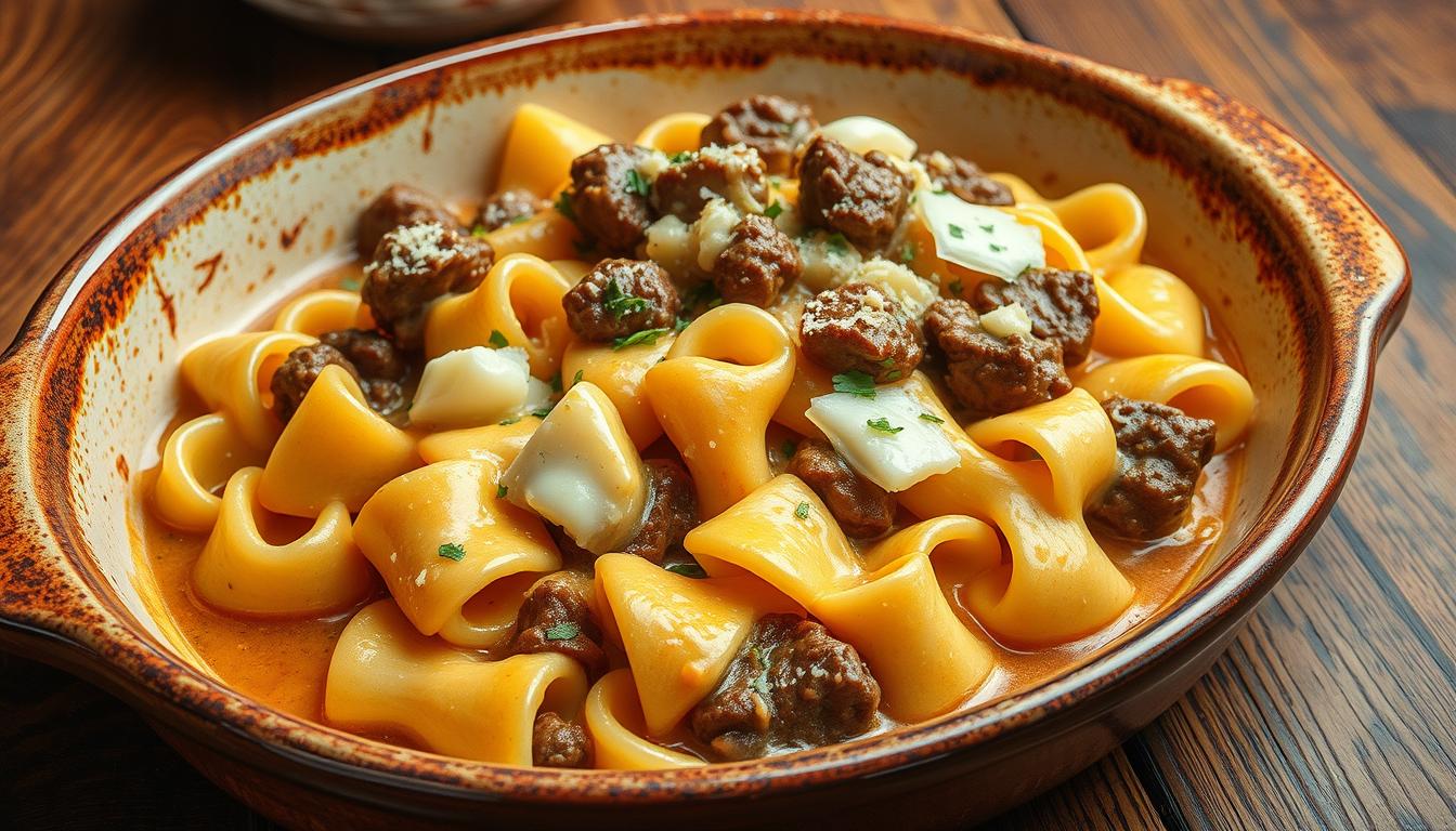 Cheesy Beef and Bowtie Pasta in Garlic Butter