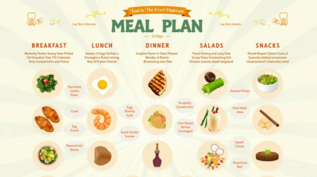 A visually appealing 7-day low-carb high-protein meal plan infographic with images of healthy meals.