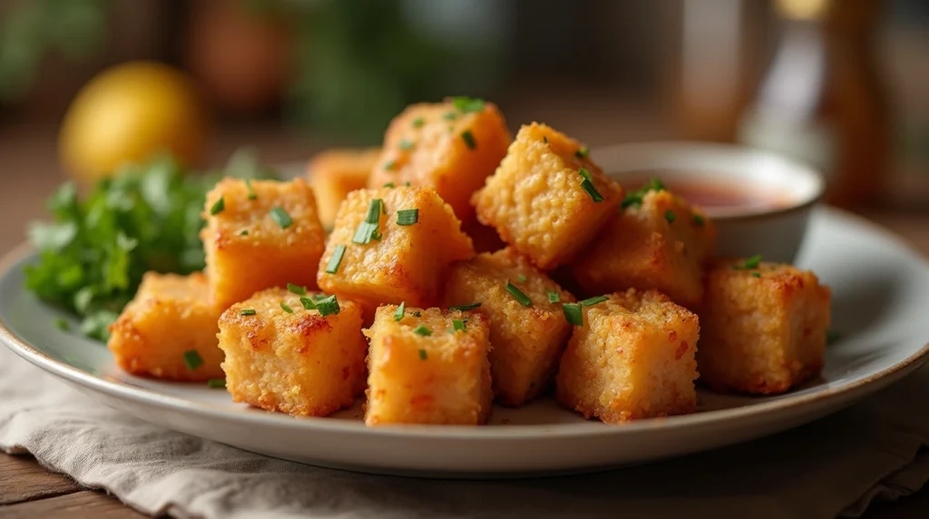 Crispy, golden-brown air fryer cubed chicken served on a plate with dipping sauce.