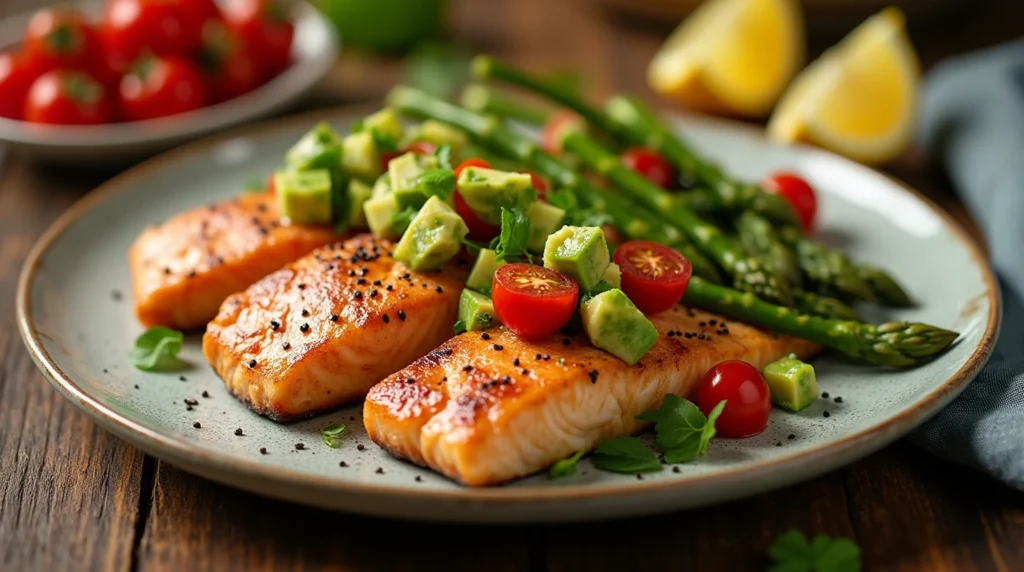 Healthy low-carb high-protein meal with grilled salmon, avocado salsa, and asparagus on a rustic wooden plate.