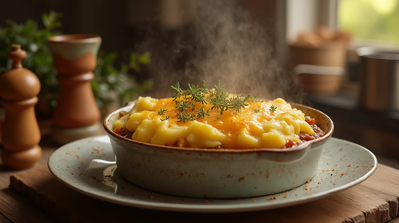 A golden shepherd’s pie in a rustic kitchen, with melted cheese and fresh herbs on top.