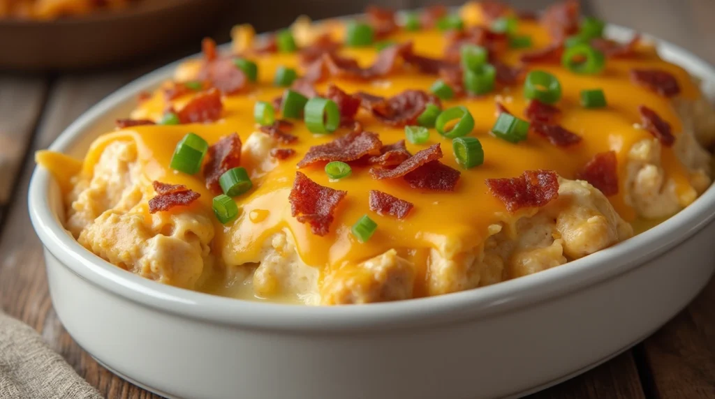 A creamy Crack Chicken Casserole with golden cheese, crispy bacon bits, and fresh green onions, served in a white ceramic dish.