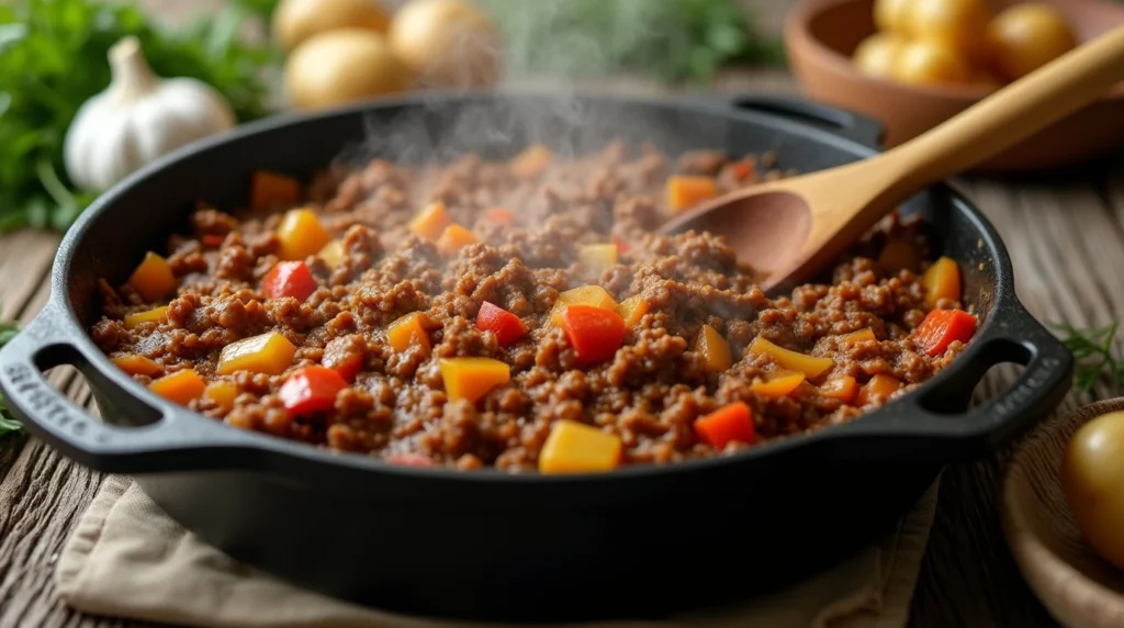 A skillet with a rich, meaty shepherd’s pie filling, steam rising as a wooden spoon stirs.