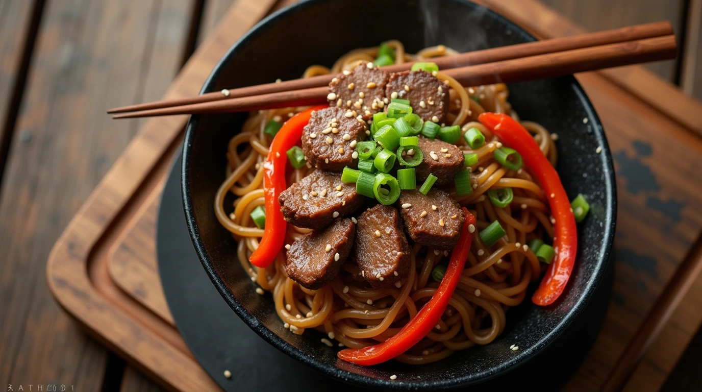 A steaming bowl of sticky beef noodles garnished with sesame seeds, green onions, and bell peppers, served with chopsticks.