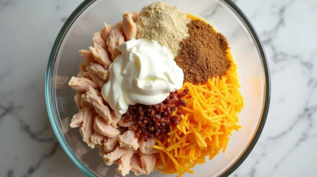 A mixing bowl filled with shredded chicken, cream cheese, shredded cheddar, and bacon bits, ready to be combined.