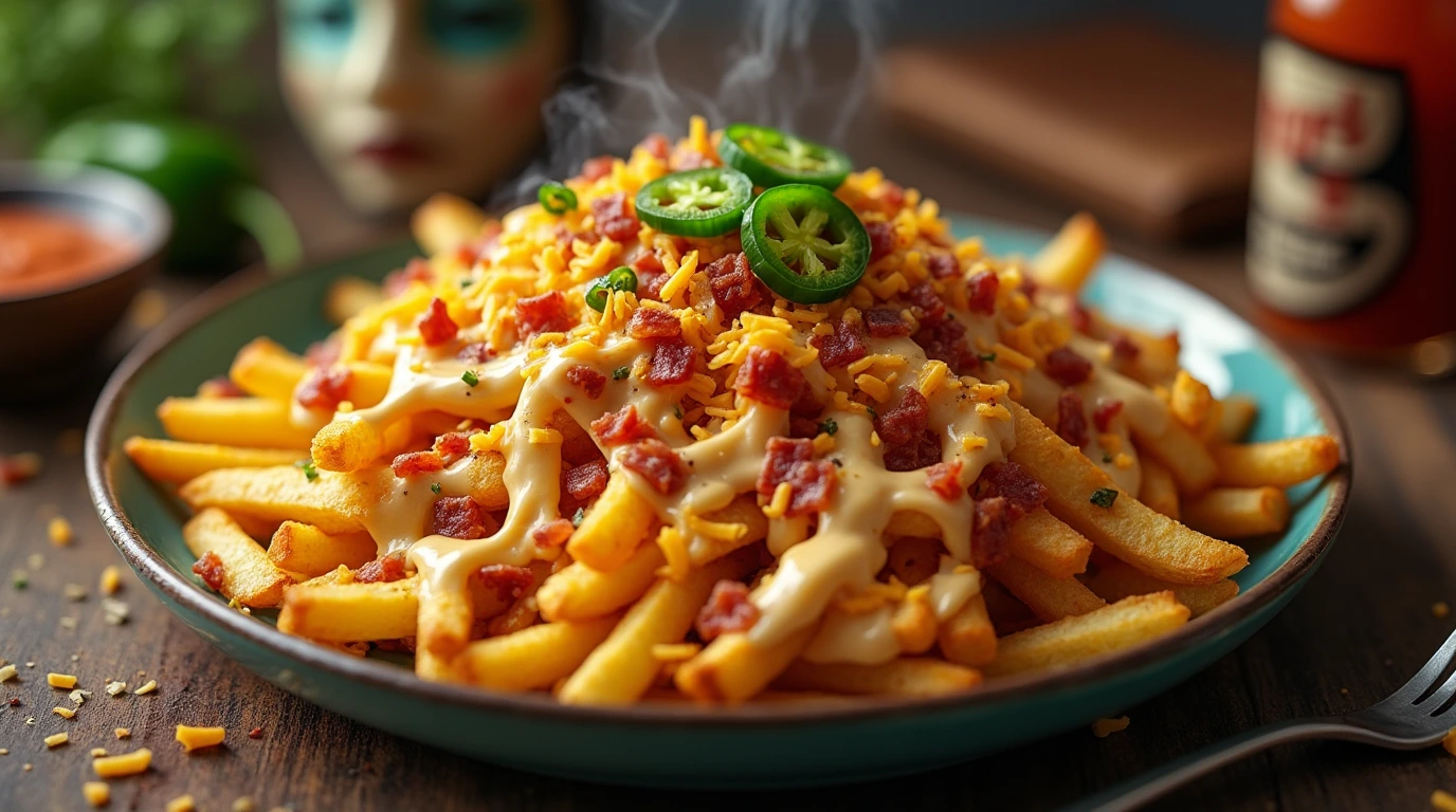 A plate of Louisiana Voodoo Fries topped with Cajun cheese sauce, bacon, and green onions, served with jalapeños and dipping sauce.