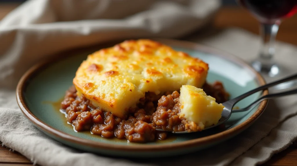 A plated serving of shepherd’s pie with a golden crust and rich filling, with a fork taking a bite.