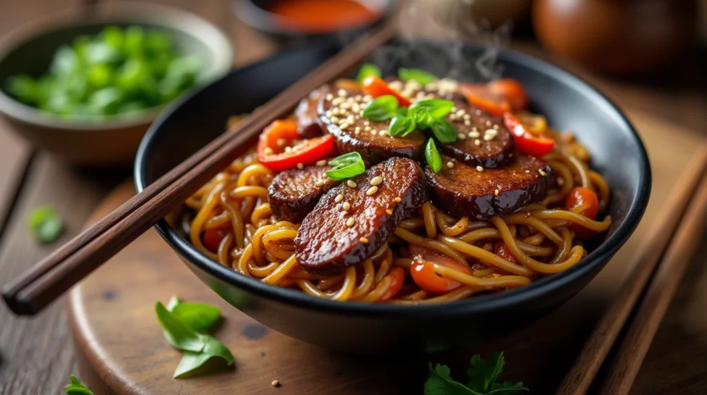 A steaming bowl of sticky beef noodles garnished with sesame seeds, green onions, and bell peppers, served with chopsticks.