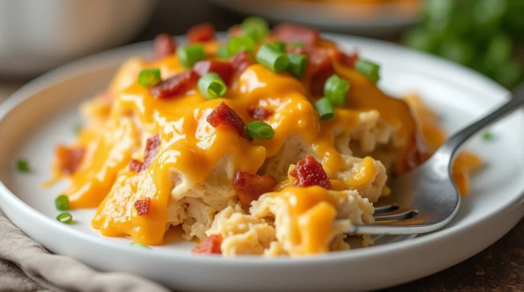 A plated serving of Crack Chicken Casserole with melted cheese, crispy bacon, and fresh green onions.