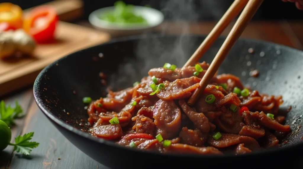 Beef slices stir-frying in a wok, coated in a glossy, sticky sauce, with steam rising from the pan.