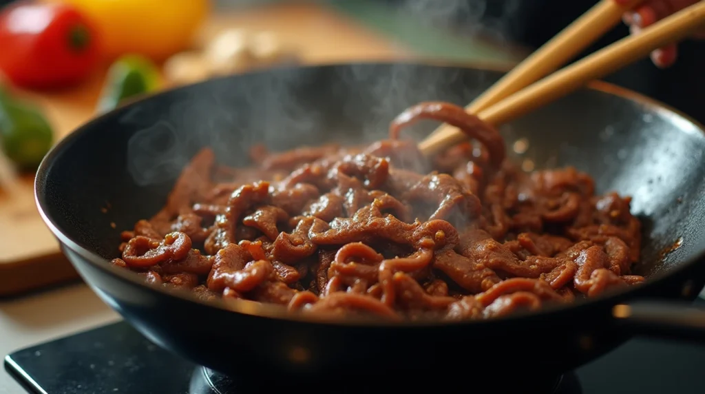 Beef slices stir-frying in a wok, coated in a glossy, sticky sauce, with steam rising from the pan.