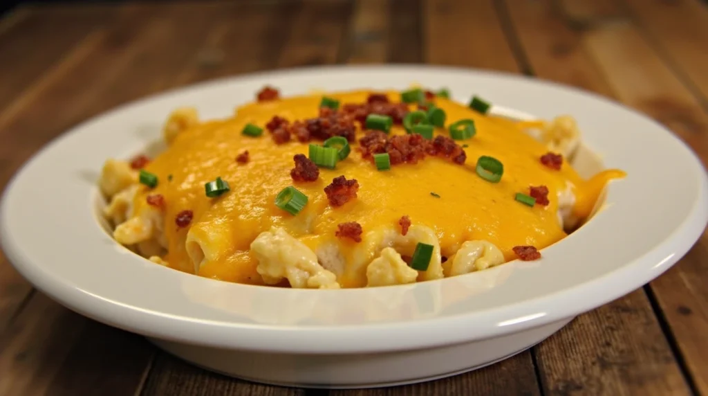 A creamy Crack Chicken Casserole with golden cheese, crispy bacon bits, and fresh green onions, served in a white ceramic dish.