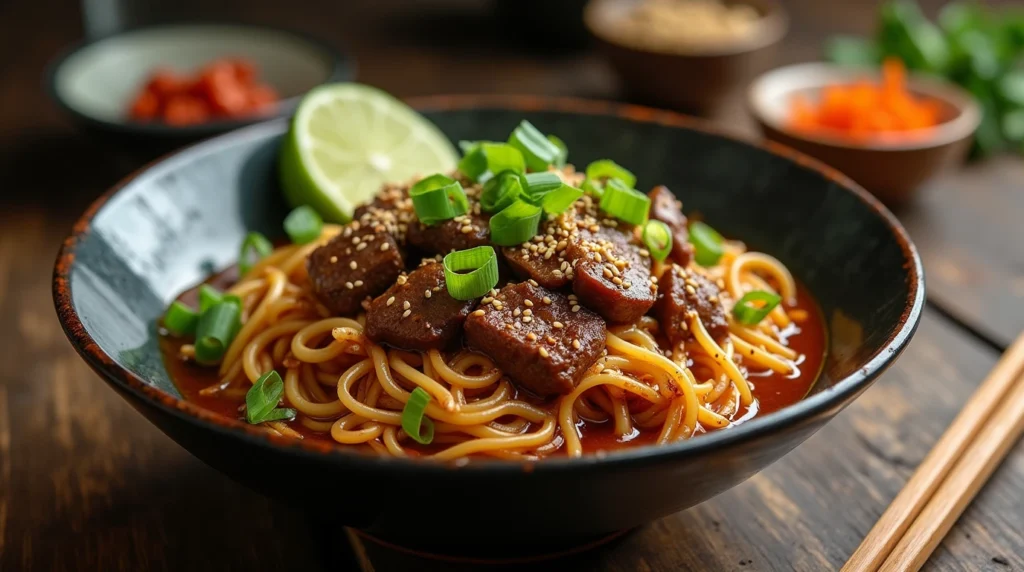 A plated bowl of sticky beef noodles with garnishes, served on a wooden table with chopsticks and chili flakes.