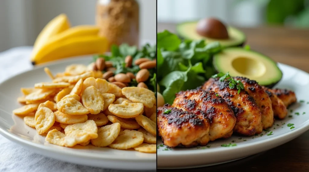 Comparison of unhealthy processed keto snacks vs. fresh, whole low-carb high-protein meals.