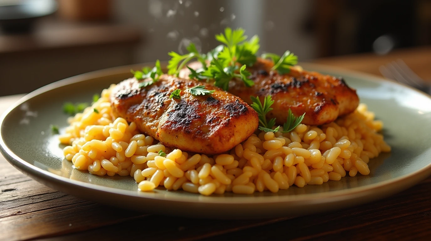 Smothered Chicken and Rice served on a rustic plate with fresh parsley garnish.