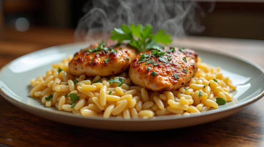 Smothered Chicken and Rice served on a rustic plate with fresh parsley garnish.