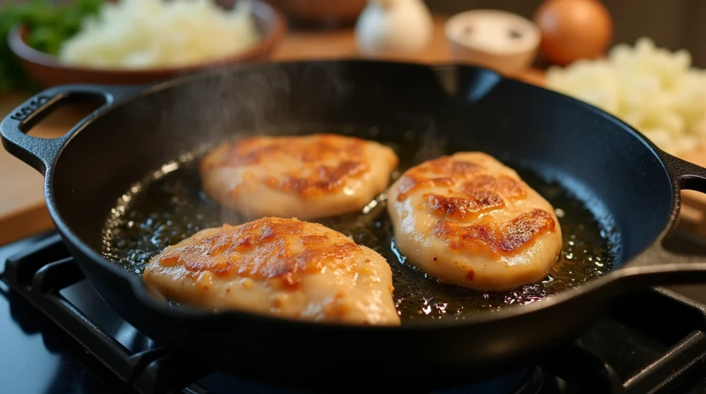 Chicken breasts searing in a skillet, creating a golden-brown crust.