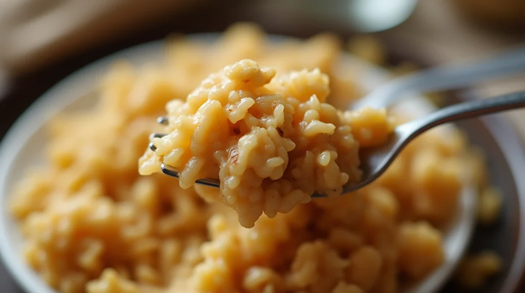 A fork lifting a bite of creamy smothered chicken and rice.