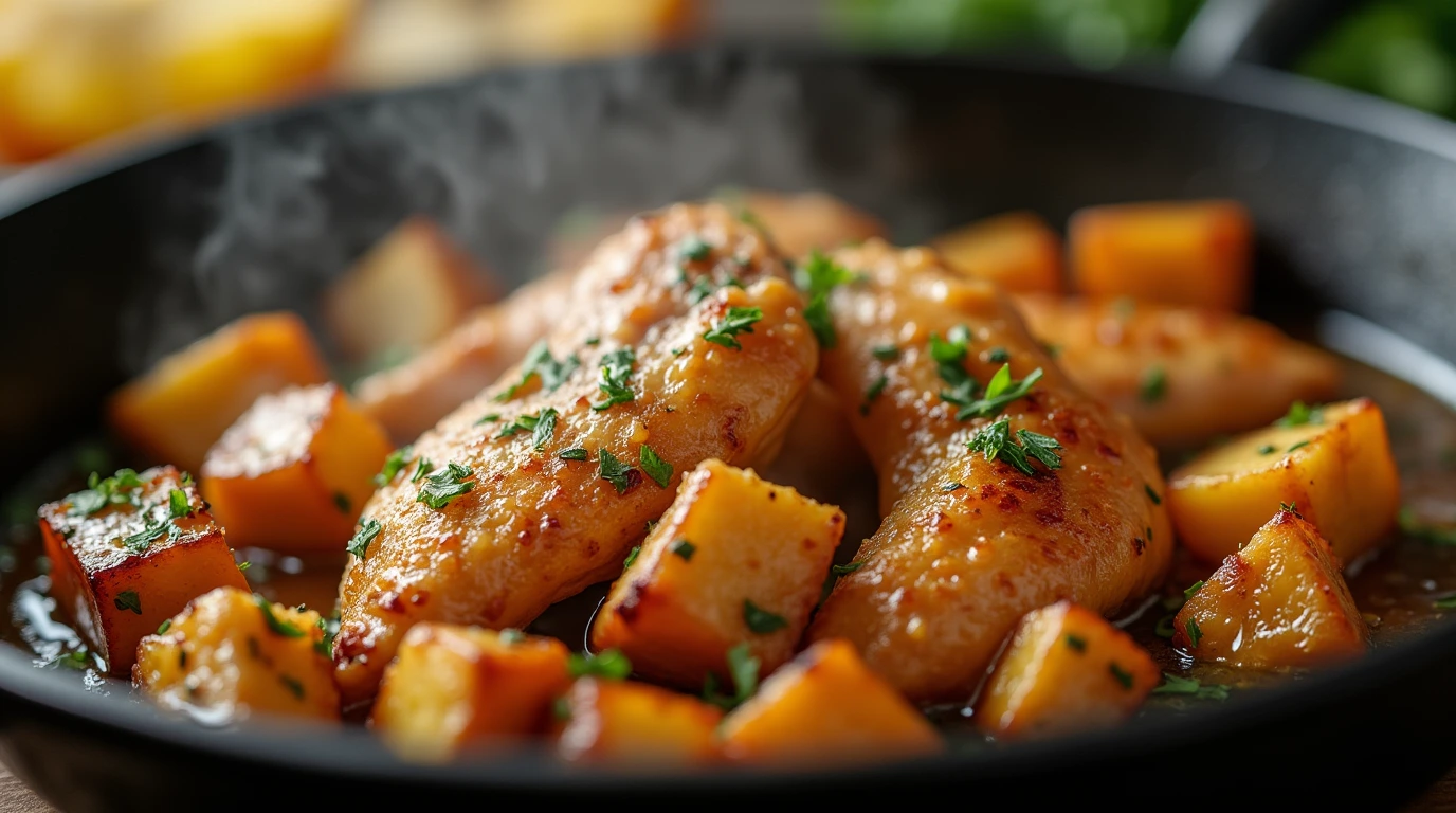 Golden-brown cubed chicken sizzling in a skillet with garlic butter and herbs.