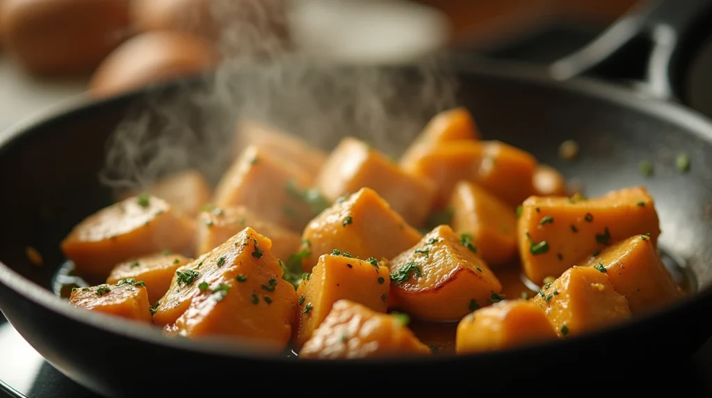 Golden-brown cubed chicken sizzling in a skillet with garlic butter and herbs.