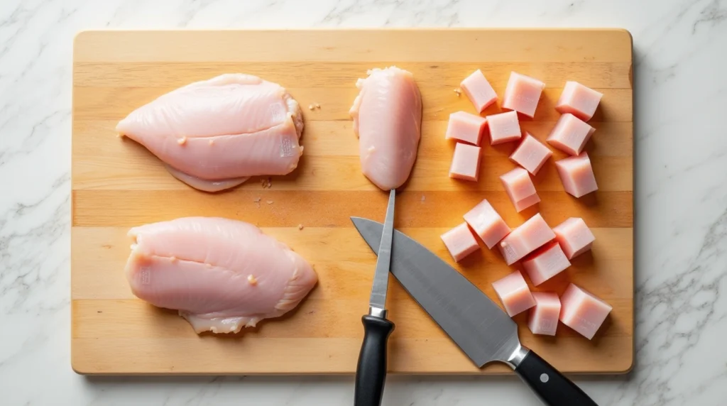 Step-by-step guide showing how to cut chicken breast into perfect cubes on a wooden board.